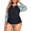 imageHolipick Women Two Piece Plus Size Zipper Long Sleeve Rash Guard UPF 50 Swim Shirt with Bottom Bulid in Bra SwimsuitBlack and Flower