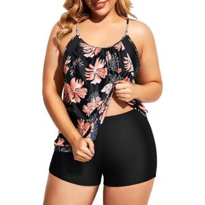 imageHolipick Plus Size Tankini Swimsuit for Women Two Piece Tummy Control Bathing Suit Blouson Tankini Top with ShortsBlack Orange Floral