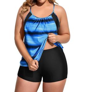 imageHolipick Plus Size Tankini Swimsuit for Women Two Piece Tummy Control Bathing Suit Blouson Tankini Top with ShortsBlack and Blue Stripe
