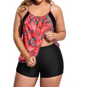 imageHolipick Plus Size Tankini Swimsuit for Women Two Piece Tummy Control Bathing Suit Blouson Tankini Top with ShortsRed Floral