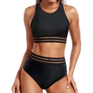 imageHolipick Women High Waisted Two Piece Bikini Set Racerback Bathing Suit Sporty Crop Top with Bottom for Teen GirlsBlack1