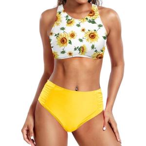 imageHolipick Women High Waisted Two Piece Bikini Set Racerback Bathing Suit Sporty Crop Top with Bottom for Teen GirlsSun Floral