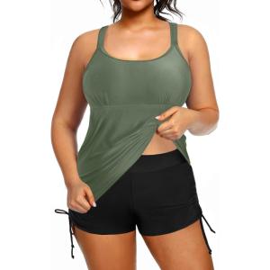 imageHolipick Women Plus Size Tankini Swimsuits Athletic Two Piece Tummy Control Bathing Suits with Drawstring ShortsArmy Green