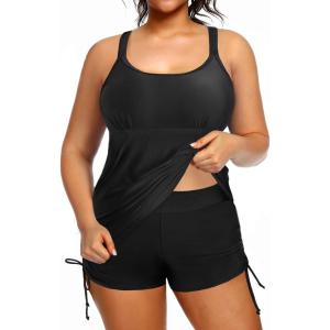imageHolipick Women Plus Size Tankini Swimsuits Athletic Two Piece Tummy Control Bathing Suits with Drawstring ShortsBlack