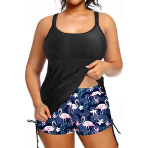 imageHolipick Women Plus Size Tankini Swimsuits Athletic Two Piece Tummy Control Bathing Suits with Drawstring ShortsBlack Flamingo