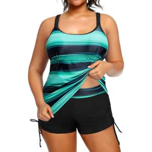 imageHolipick Women Plus Size Tankini Swimsuits Athletic Two Piece Tummy Control Bathing Suits with Drawstring ShortsBlue Stripe