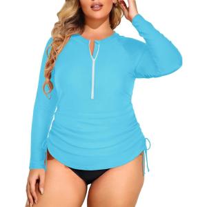 imageHolipick Women Two Piece Plus Size Zipper Long Sleeve Rash Guard UPF 50 Swim Shirt with Bottom Bulid in Bra SwimsuitAqua Blue