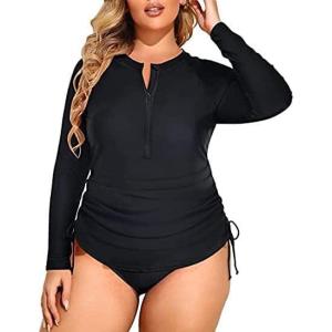 imageHolipick Women Two Piece Plus Size Zipper Long Sleeve Rash Guard UPF 50 Swim Shirt with Bottom Bulid in Bra SwimsuitBlack