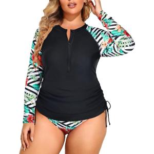 imageHolipick Women Two Piece Plus Size Zipper Long Sleeve Rash Guard UPF 50 Swim Shirt with Bottom Bulid in Bra SwimsuitBlack and Flower