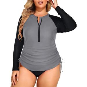 imageHolipick Women Two Piece Plus Size Zipper Long Sleeve Rash Guard UPF 50 Swim Shirt with Bottom Bulid in Bra SwimsuitGray Black