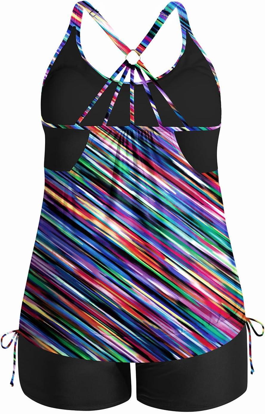 imageHolipick Plus Size Tankini Swimsuits for Women Two Piece Tummy Control Bathing Suit Blouson Tankini Top with ShortsColor Oblique Stripe