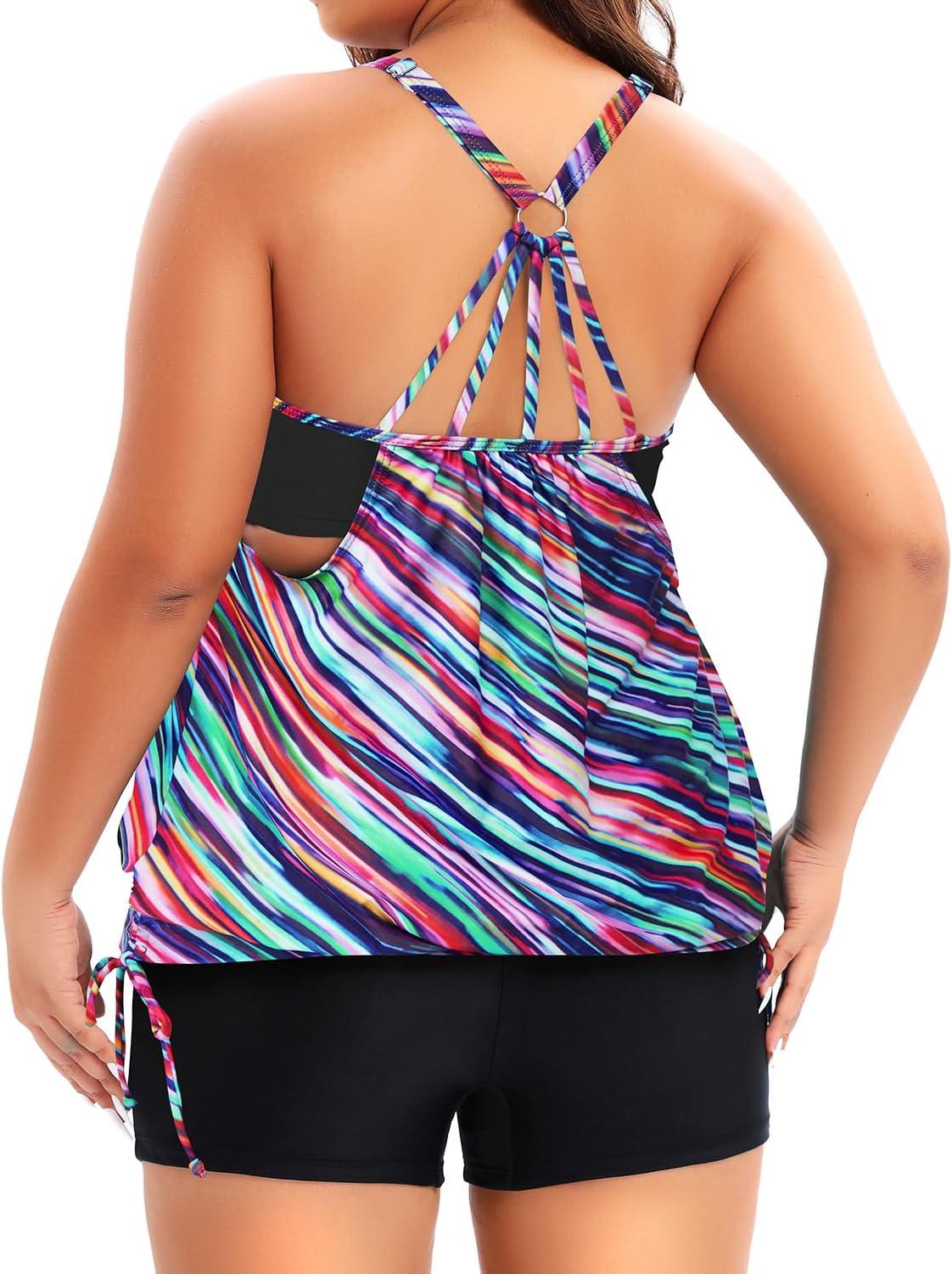 imageHolipick Plus Size Tankini Swimsuits for Women Two Piece Tummy Control Bathing Suit Blouson Tankini Top with ShortsColor Oblique Stripe