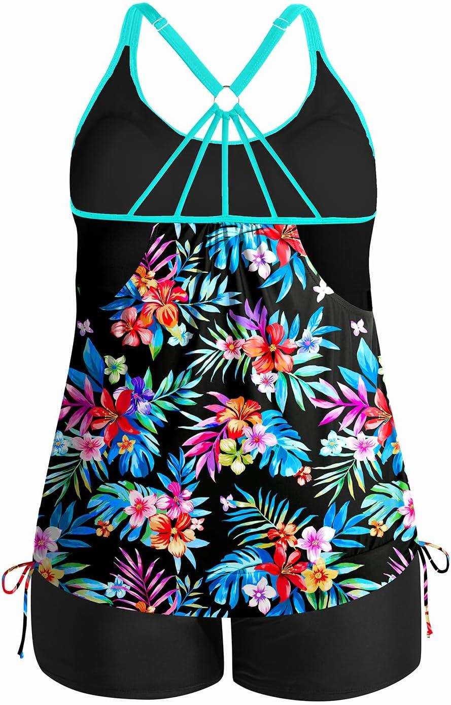 imageHolipick Plus Size Tankini Swimsuits for Women Two Piece Tummy Control Bathing Suit Blouson Tankini Top with ShortsColorful Floral