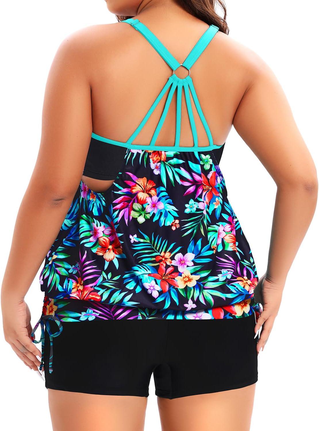 imageHolipick Plus Size Tankini Swimsuits for Women Two Piece Tummy Control Bathing Suit Blouson Tankini Top with ShortsColorful Floral