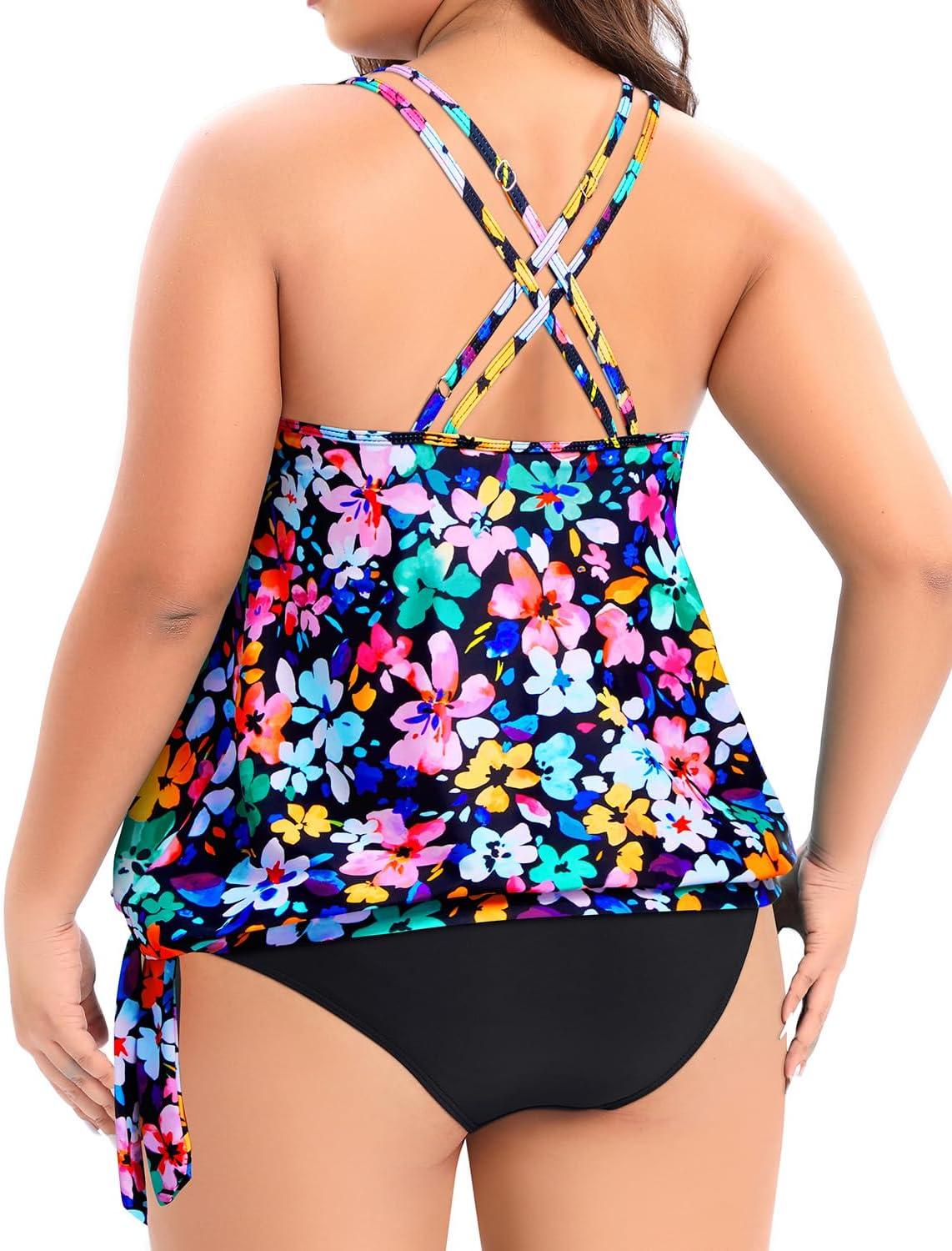 imageHolipick Plus Size Tankini Tops for Women Blouson Tummy Control Swim top Loose Fit Bathing Suit Top No BottomColorful Floral