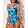 imageHolipick One Shoulder One Piece Swimsuit for Women Tummy Control Bathing Suits Modest Full Coverage Keyhole SwimwearBlue Leaves