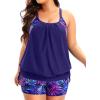 imageHolipick Plus Size Tankini Swimsuits for Women Two Piece Tummy Control Bathing Suit Blouson Tankini Top with ShortsBlue Purple Leaves