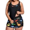imageHolipick Women Plus Size 3 Piece Tankini Swimsuits Tummy Control Bathing Suits with Boy Shorts Tank Top with Sports BraBlack Dinosaur