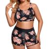 imageHolipick Women Plus Size 3 Piece Tankini Swimsuits Tummy Control Bathing Suits with Boy Shorts Tank Top with Sports BraBlack Floral