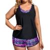 imageHolipick Women Plus Size 3 Piece Tankini Swimsuits Tummy Control Bathing Suits with Boy Shorts Tank Top with Sports BraBlack Purple Tribal