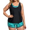 imageHolipick Women Plus Size 3 Piece Tankini Swimsuits Tummy Control Bathing Suits with Boy Shorts Tank Top with Sports BraBlack With Blue Paisley