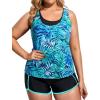 imageHolipick Women Plus Size 3 Piece Tankini Swimsuits Tummy Control Bathing Suits with Boy Shorts Tank Top with Sports BraBlue Leaves