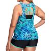 imageHolipick Women Plus Size 3 Piece Tankini Swimsuits Tummy Control Bathing Suits with Boy Shorts Tank Top with Sports BraBlue Leaves