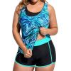 imageHolipick Women Plus Size 3 Piece Tankini Swimsuits Tummy Control Bathing Suits with Boy Shorts Tank Top with Sports BraBlue Leaves