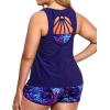 imageHolipick Women Plus Size 3 Piece Tankini Swimsuits Tummy Control Bathing Suits with Boy Shorts Tank Top with Sports BraBlue Purple Leaves