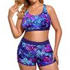 imageHolipick Women Plus Size 3 Piece Tankini Swimsuits Tummy Control Bathing Suits with Boy Shorts Tank Top with Sports BraBlue Purple Leaves