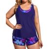 imageHolipick Women Plus Size 3 Piece Tankini Swimsuits Tummy Control Bathing Suits with Boy Shorts Tank Top with Sports BraBlue Purple Leaves
