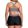 imageHolipick Women Plus Size 3 Piece Tankini Swimsuits Tummy Control Bathing Suits with Boy Shorts Tank Top with Sports BraGreen Geometric