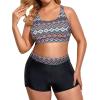 imageHolipick Women Plus Size 3 Piece Tankini Swimsuits Tummy Control Bathing Suits with Boy Shorts Tank Top with Sports BraGreen Geometric