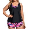 imageHolipick Women Plus Size 3 Piece Tankini Swimsuits Tummy Control Bathing Suits with Boy Shorts Tank Top with Sports BraPink Coconut Tree