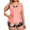 imageHolipick Women Plus Size 3 Piece Tankini Swimsuits Tummy Control Bathing Suits with Boy Shorts Tank Top with Sports BraPink Orange Floral