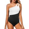 imageHolipick One Shoulder One Piece Swimsuit for Women Tummy Control Bathing Suits Modest Full Coverage Keyhole SwimwearBlack and White