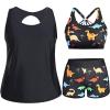 imageHolipick Women Plus Size 3 Piece Tankini Swimsuits Tummy Control Bathing Suits with Boy Shorts Tank Top with Sports BraBlack Dinosaur