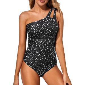 imageHolipick One Shoulder One Piece Swimsuit for Women Tummy Control Bathing Suits Modest Full Coverage Keyhole SwimwearBlack White Dot