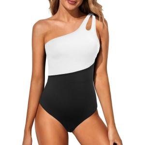 imageHolipick One Shoulder One Piece Swimsuit for Women Tummy Control Bathing Suits Modest Full Coverage Keyhole SwimwearBlack and White