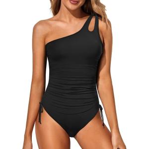 imageHolipick One Shoulder One Piece Swimsuit for Women Tummy Control Bathing Suits Modest Full Coverage Keyhole SwimwearBlack3