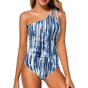 imageHolipick One Shoulder One Piece Swimsuit for Women Tummy Control Bathing Suits Modest Full Coverage Keyhole SwimwearBlue Tie Dye