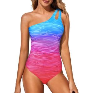 imageHolipick One Shoulder One Piece Swimsuit for Women Tummy Control Bathing Suits Modest Full Coverage Keyhole SwimwearColorful Gradient