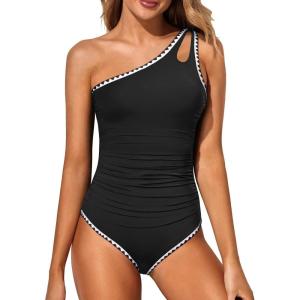 imageHolipick One Shoulder One Piece Swimsuit for Women Tummy Control Bathing Suits Modest Full Coverage Keyhole SwimwearContrast Colorblack and White