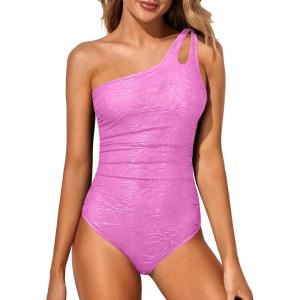 imageHolipick One Shoulder One Piece Swimsuit for Women Tummy Control Bathing Suits Modest Full Coverage Keyhole SwimwearPink Floral
