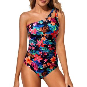 imageHolipick One Shoulder One Piece Swimsuit for Women Tummy Control Bathing Suits Modest Full Coverage Keyhole SwimwearRed Floral