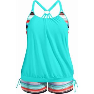 imageHolipick Plus Size Tankini Swimsuits for Women Two Piece Tummy Control Bathing Suit Blouson Tankini Top with ShortsAqua Striped