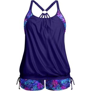 imageHolipick Plus Size Tankini Swimsuits for Women Two Piece Tummy Control Bathing Suit Blouson Tankini Top with ShortsBlue Purple Leaves