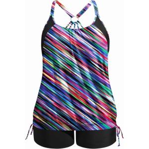 imageHolipick Plus Size Tankini Swimsuits for Women Two Piece Tummy Control Bathing Suit Blouson Tankini Top with ShortsColor Oblique Stripe