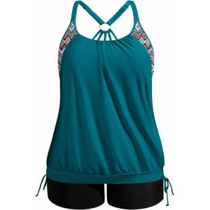 imageHolipick Plus Size Tankini Swimsuits for Women Two Piece Tummy Control Bathing Suit Blouson Tankini Top with ShortsGreen