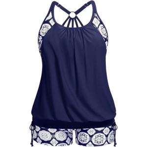 imageHolipick Plus Size Tankini Swimsuits for Women Two Piece Tummy Control Bathing Suit Blouson Tankini Top with ShortsNavy Geometric